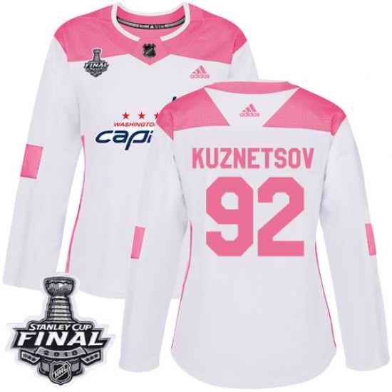 Adidas Capitals #92 Evgeny Kuznetsov White Pink Authentic Fashion 2018 Stanley Cup Final Women's Stitched NHL Jersey